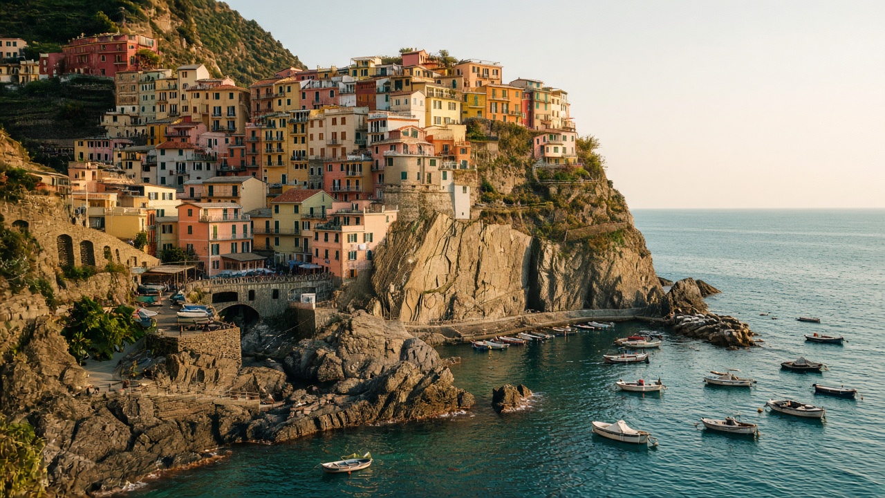 Colorful Cinque Terre houses above a sunlit Mediterranean harbor